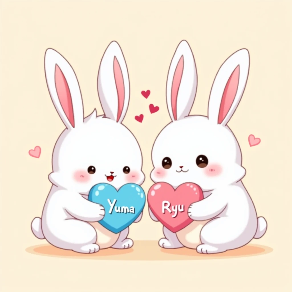 Yumas name on the blue heart 、 Ryus name on the pink heart、 two cute rabbits