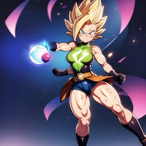 dbsuper style, 
Petite Girl, green aura, super saiyan aura, belt, purple colored hair, huge hair, bruise, bruise on face, clenched hands, frown, Mages hat, gloves, blue eyes, grey gloves, evil grin, medium breasts, petite, soft muscles, solo, spiked hair, ...