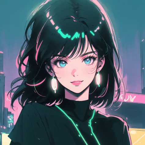 (best quality, sketch:1.2), realistic, illustrator, anime, 1 girl, detailed lips, black dress8, custom, (background night cityscape with multiple neon colors, dark monochrome with vibrant neon lights), neon hair, textured cropping, masterpiece, style retro...