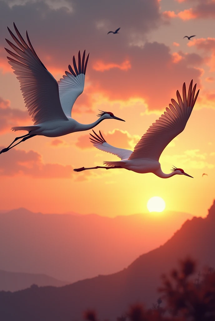  ( Perfectly Correct Anatomy )Two Flying Cranes Sunset Flying Birds Parading 