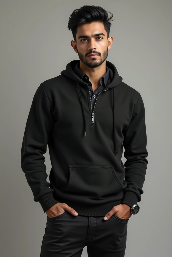 Pakistan cute man skin white black eyes black hair black shining cotton pullover neck shirt black fitting pant black boots realistic