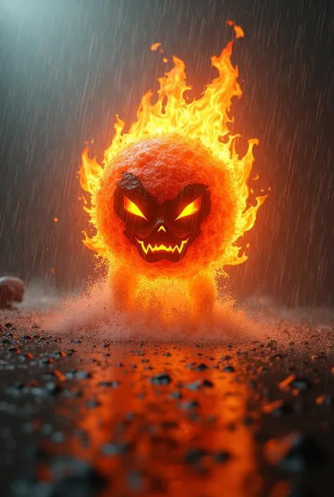 Ball of fire with face in the heavy rain