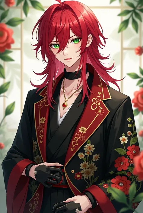 Create a young male Skypeano character of average height, with long red hair,  expressive green eyes with feminine facial features and fair skin wearing a black kimono with colorful and vibrant details, like flowers.  About the kimono , Wear a short and el...