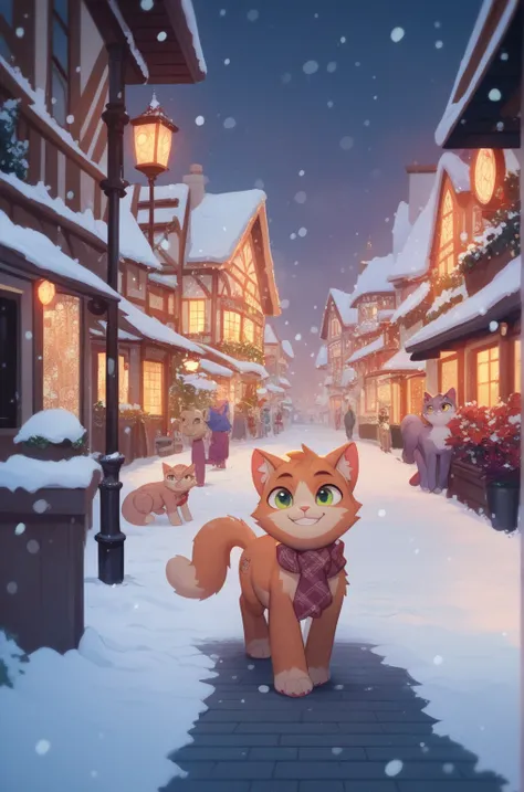 Smiling Cat,Residential Street,Snowfall,Snowfall, high definition , masterpiece,  Anatomically Correct,  very detailed,  Ultra High Definition, 