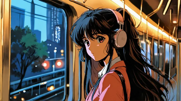 80s, girl, College Student , long hair,uniform, wearing headphones,evening, on the train,profile,It&#39;s dusk,City Hunter, looking out of the window