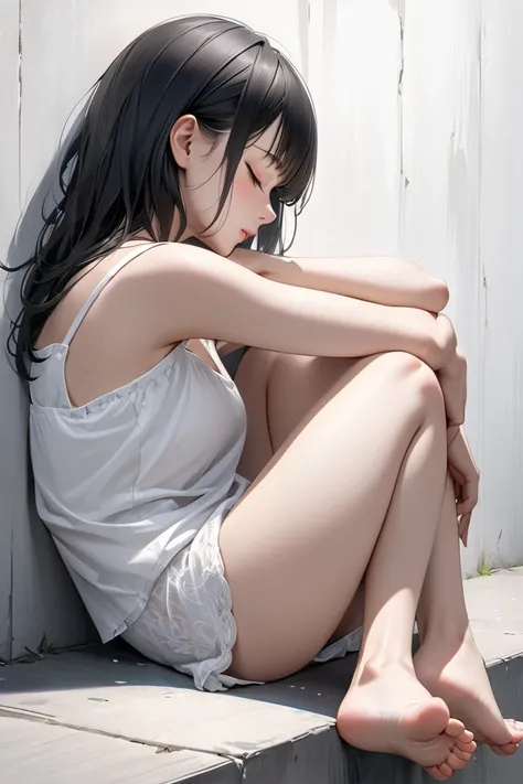 Ultra-realism
Woman sleeping
Sit leaning against the wall
Face down 
Black hair
White camisole
Barefoot