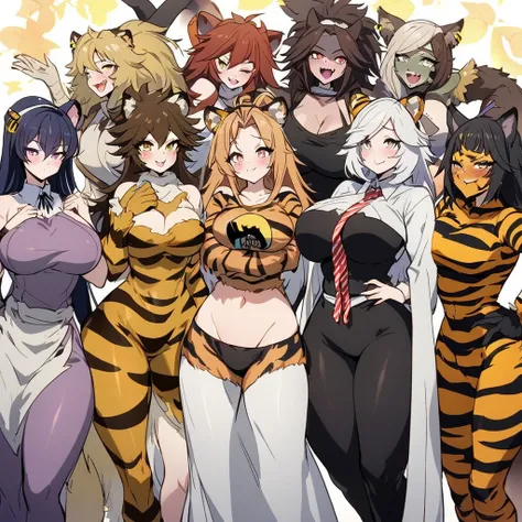 Anime, well detailed, 8 girls, monster girls, different monster girls, Wearing striped inmate clothes, different monster girls, curvy body, ( one of them is A Lion-woman, other a tiger-girl, other a bee-girl, othe a Frankenstein-girl, other a werewolf, the...