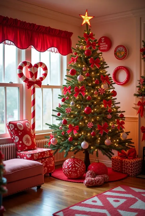 A fun, whimsical Christmas room with candy cane-inspired decorations. A tree is adorned with large red and white striped ornaments, candy cane garlands, and bright red ribbons. The room is filled with candy-themed decor, such as giant lollipops, oversized ...