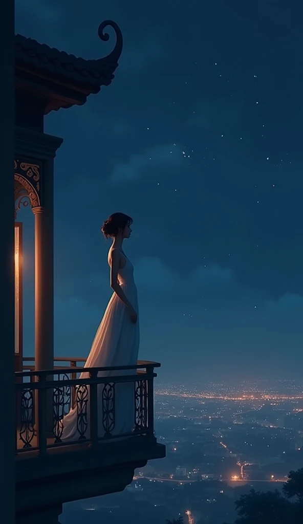 night time picture of a woman standing on a balcony looking at the city, neo-romanticism, romanticism, by Xia Shuwen, night background, rooftop romantic, roof background, dream-like atmosphere, dream - like atmosphere white dress