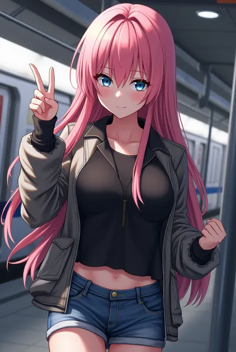 (  masterpiece ), ( best quality), ( highres icon), detailed, ( Intricate Details 1.2), (Hyper detailed 1.4), ( Ornate 1 .2), absurdres, 1 ,  small breasts, in this, jacket tops, Alone, pink hair, (black shirt:1.3), jeans, (train station:1.2) running, thig...