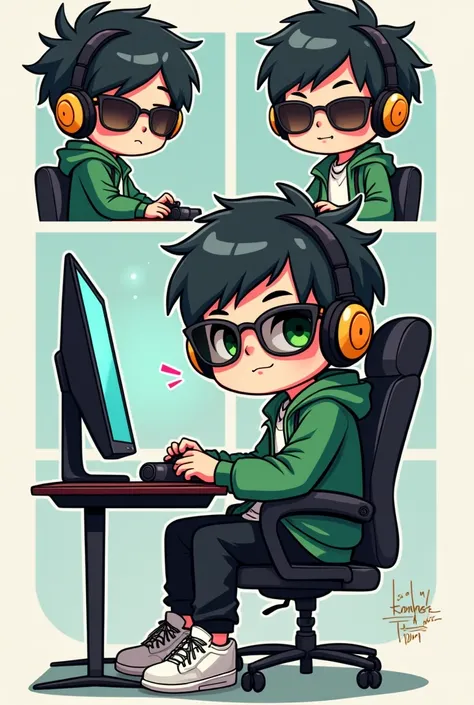 (((chibi style illustration magical gammer, multiple angles line stamps, 12 divisions, funny cute,short hair black
))) Man stands cool, He wears a green jacket, He wears black pants, He wears white sneakers, He has short black hair, He has green eyes, He w...