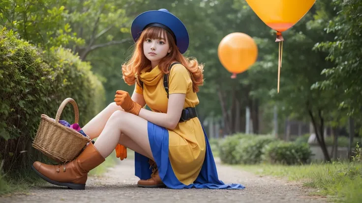 Girl、 I have orange wavy hair and purple eyes。Wear a big blue hat、 also wears a blue cloak 。 serious expression、Wears a yellow tunic 、 has a waist tightened with black tights and a belt 。 wears orange gloves on her hands 、 wears orange boots around her fee...