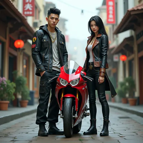 a young man short undercut black hair, fantasy jacket clothes long trousers clothes, he was standing beside ducati motorsport vehicle with a young cubby woman long black hairstylish, steampunk jacket clothes, natural, sweetly smile, beautiful graphics, rea...