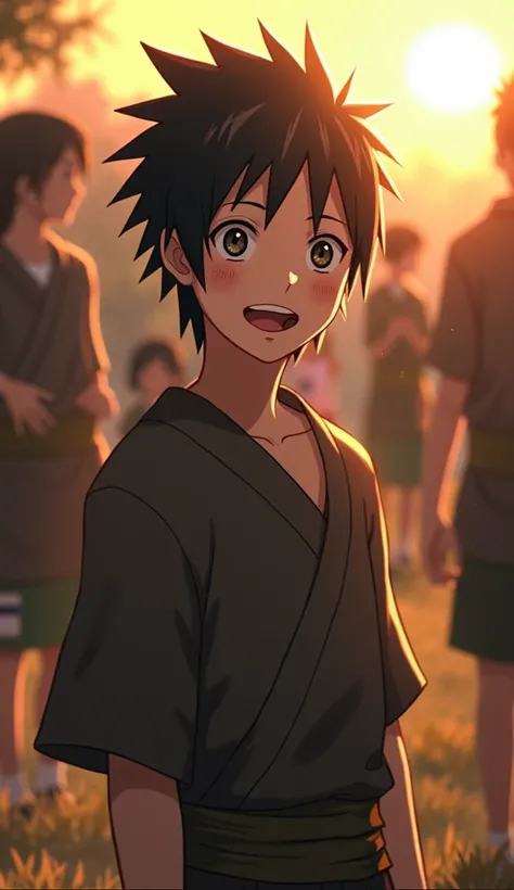  The image of a young Sasuke ,  before the tragedy that would shake his clan ,  portrays a moment of happiness and harmony .  Sasuke has a genuine smile on his face ,  a smile of innocence and joy ,  reflecting their quiet hood .  He is surrounded by membe...