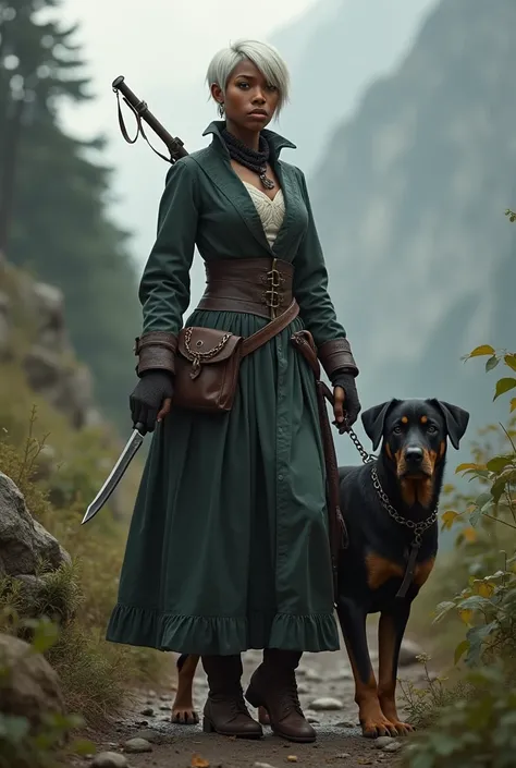 Create an image of a 29-year-old black woman, Of height 1,72,  short white hair with a side cut on the right side of the head. She wears clothing characteristic of a 19th century female hunter , with appropriate weapons . She has a female Rottweiler dog 