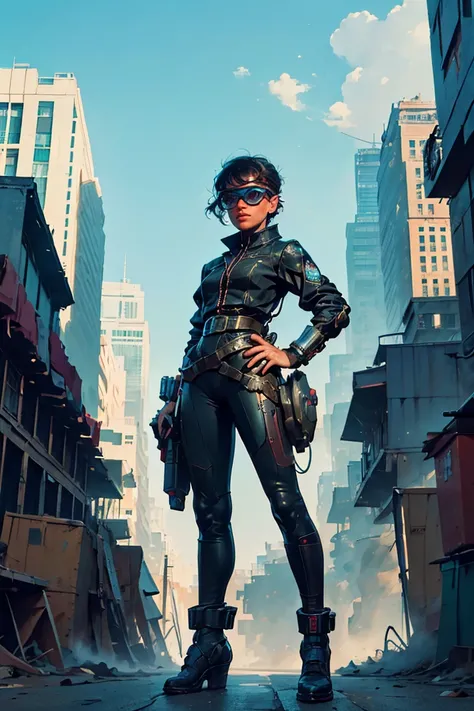 A girl in an atompunk city, wearing a futuristic outfit, with glowing neon lights reflecting on her metallic, high-tech goggles and visor. She is holding a vintage raygun in her hand and standing in front of a retro-futuristic vehicle. The cityscape is fil...