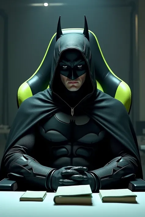 Generate an image with Batman , wearing a black hoodie ,  sitting in a black and green gamer chair ,  on a white table and with three notebooks on the table, in a cyberpunk style