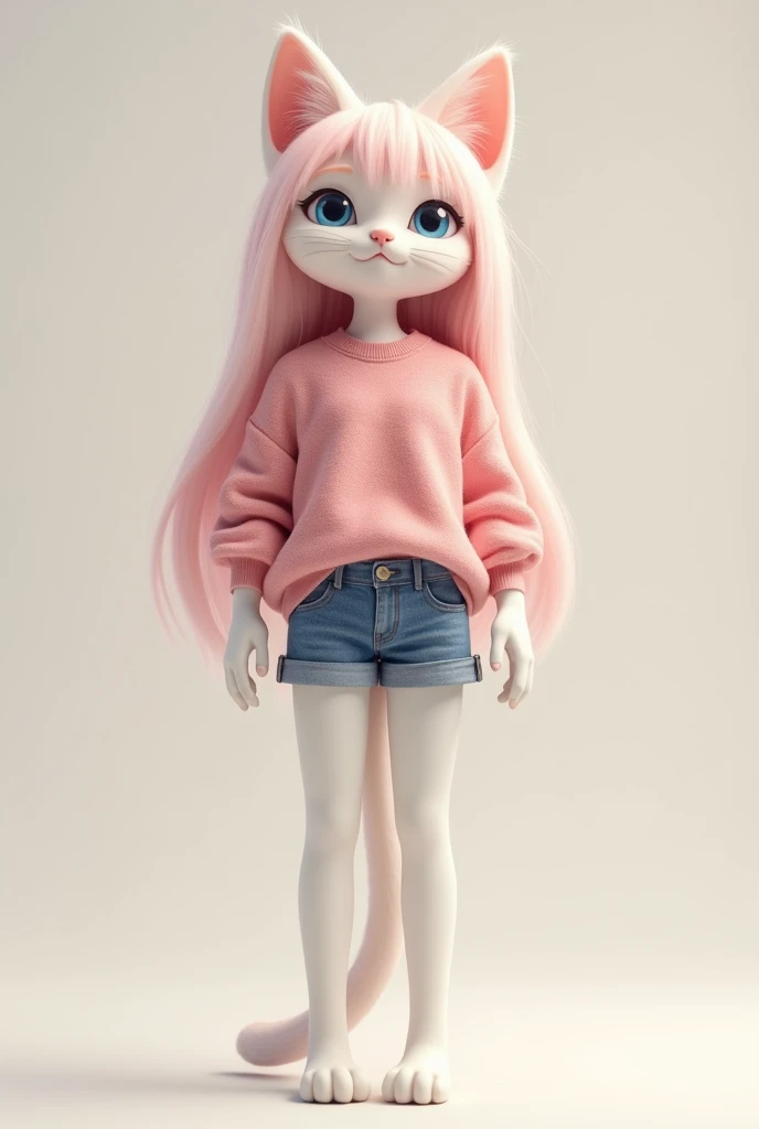 Imagine a white cat in pink whool shirt and blue shorts. Her head hairs should be long and cutted in korean bangs. Her hair colour should be pale pink. Cute hair style. Her figure should be like human girls, slim, tall, beautiful, having long head hairs an...