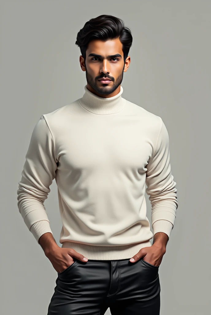 Pakistan cute skin white colour  man black eyes black hair white shining cotton pullover neck shirt black fitting shining leather pant black boots realistic