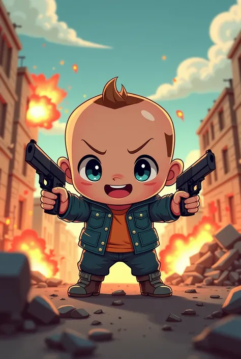 Billy The  character, make it chibi or cute, with background explosion houses and ground. The character is holding two pistols.