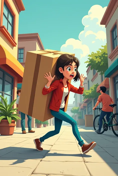 Cartoon-like image Young woman carrying a heavy package, funny 