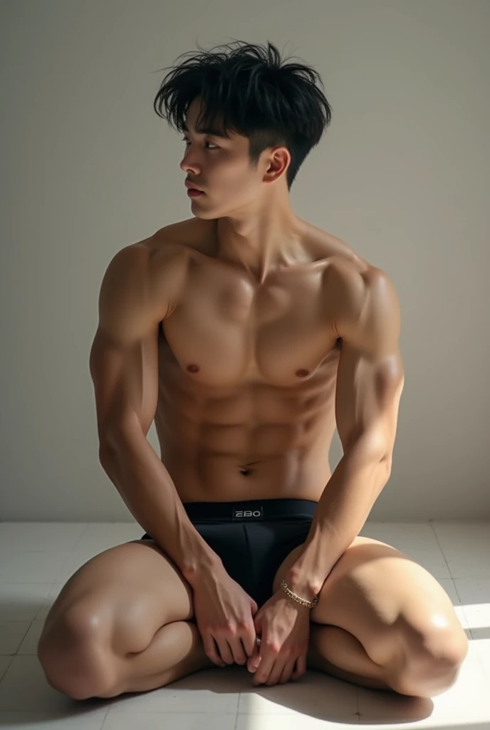 Create an image of a shirtless 20-year-old Korean boy with a sculpted and defined abdomen with some veins showing wearing black boxer briefs sitting on the floor