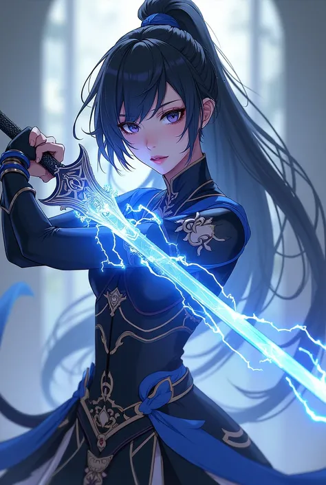 genshin impact character, woman, cute, serious expression, dark hair, sword user, electro vision