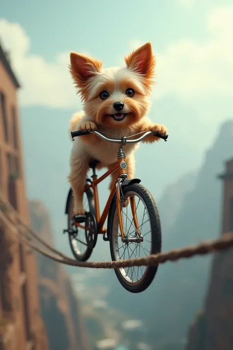 A small dog riding a bicycle over a cable