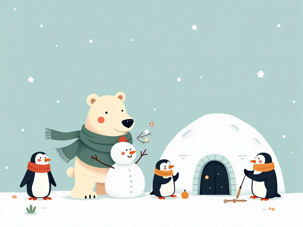  illustration of a polar bear with a shawl making a snowman 2 simple figure flat figure snowman is bigger than a polar bear, 2 penguins watching around a snowman,  1 igloo larger than a bear  , 1 penguin fishing , All 3 snow-fighting penguin characters wea...