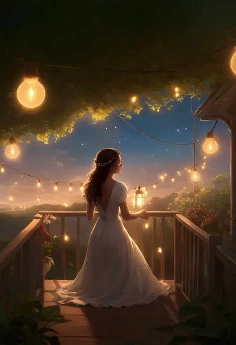 arafed woman in a white dress standing on a porch with lights, a storybook illustration, a detailed matte painting, by Mandy Jurgens, epic concept art. bokeh, mandy jurgens art, dream scenery art, gorgeous digital painting, ross tran. scenic background