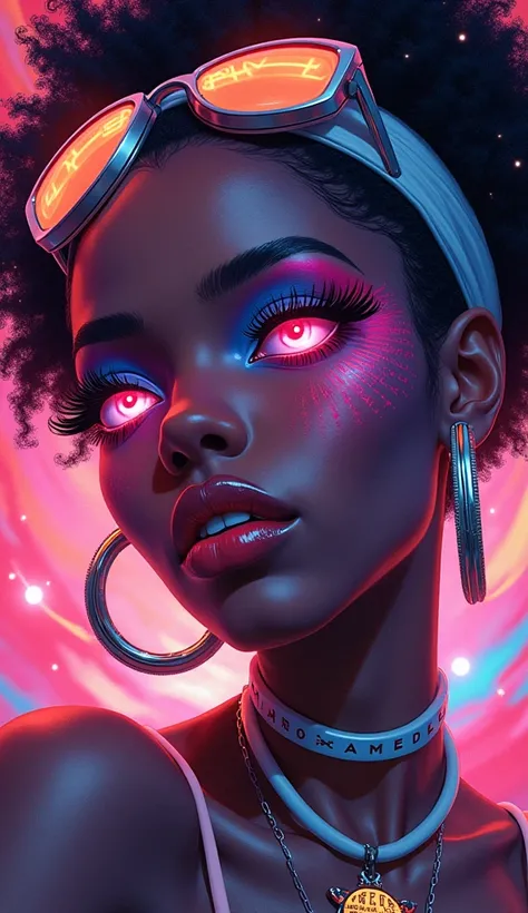 A woman with bright makeup and a headband, arte de fantasia digital colorida, rossdraw desenho animado vibrante, pele neon brilhante, retrato da  de glowwave, estilo de fantasia vibrante, Pintura digital vibrante, arte conceitual colorida, brilho colorido,...