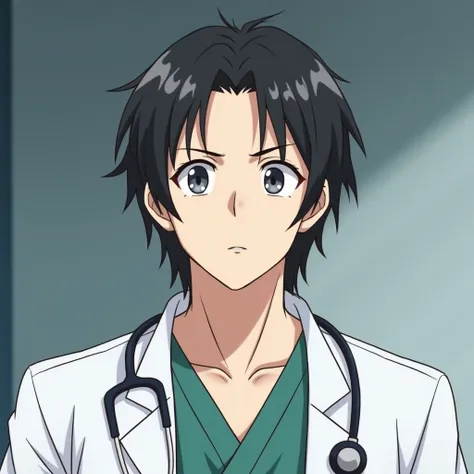 anime character, 40 year old male,  black hair with slightly long hair with gray eyes,  white test with slight dark circles due to tiredness,  of medium-thin body build .  Must have medical clothing , Who does not have a stethoscope .
