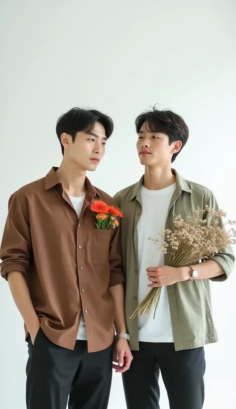 two Korean men standing on a white background ,  one of them wears a brown shirt up to his elbows and has flowers in his pocket on his left chest,  the other wearing a white t-shirt and a jacket holding a bouquet of flowers 