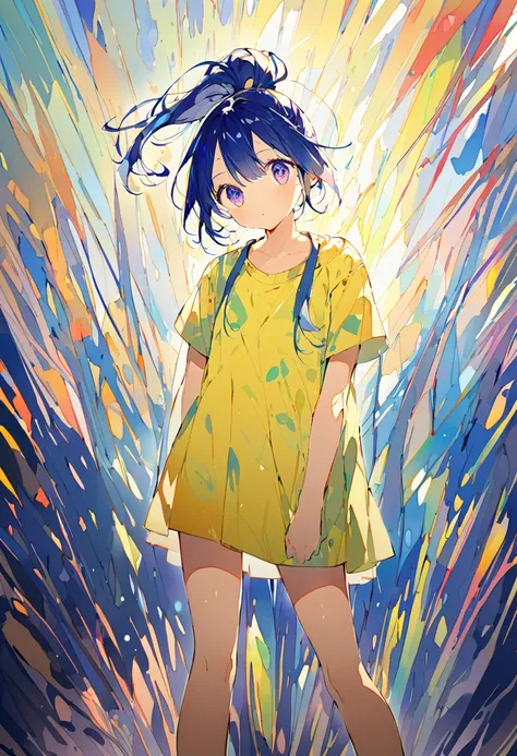 Watercolor colorful,hima,girl,age 14,solo,dark blue hair,high ponytail,cute,yellow t-shirt,white background,intense shadow,intense light,colorful lines,cute,himawari uzumaki