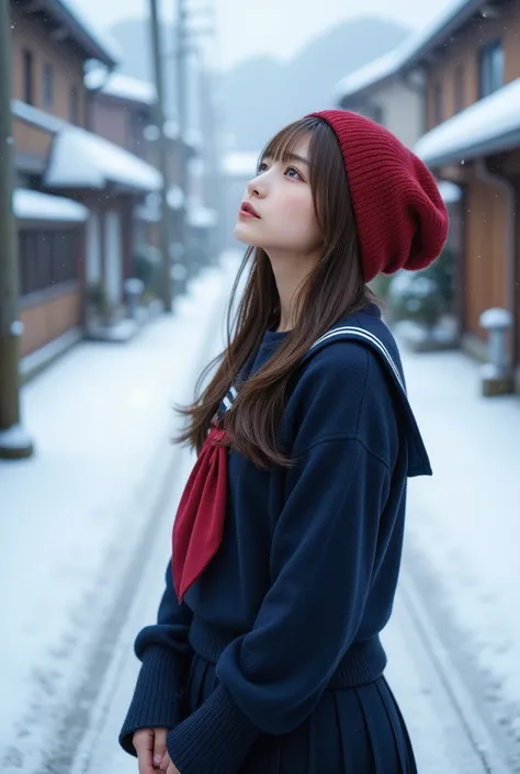  beautiful Japanese woman , Front View,  look up at the sky without holding up an umbrella,  Breathtakingly Beautiful Photos ,  brown hair, 細身の体:1.331,  anatomically correct proportions :1.331,  has a small head:1.331,  Famous Tokyo Metropolitan High Schoo...