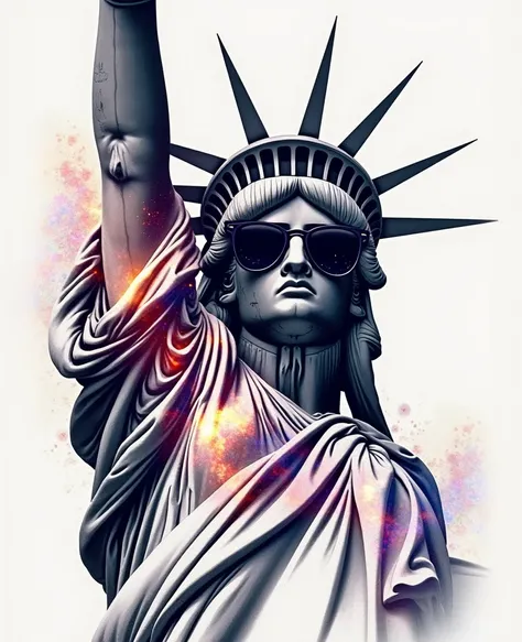 creative logo illustration fantasy style of a black and white intricate drawing of the liberty statue with cool sunglasses reflecting colorful space featuring the word ( FREEDOM is PRICELESS ) in big bold creative font style 3D double exposure style blende...