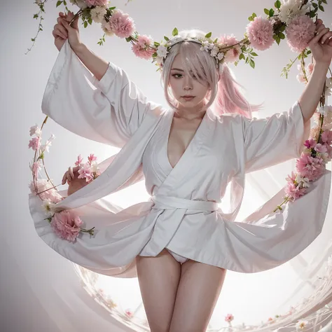  Woman with white hair and strong pink locks , pechos grandes,  spirit with a wreath of flowers covering her eyes,  in a white kimono and her legs in blood , pale white skin with raised hands , wicked demon-shaped floating , anime