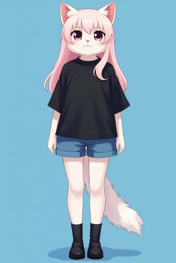 Imagine a white cat in black whool shirt and blue shorts. Her head hairs should be long and cutted in korean bangs. Her hair colour should be pale pink. Cute hair style. Her figure should be like human girls, slim, tall, beautiful, having long head hairs a...