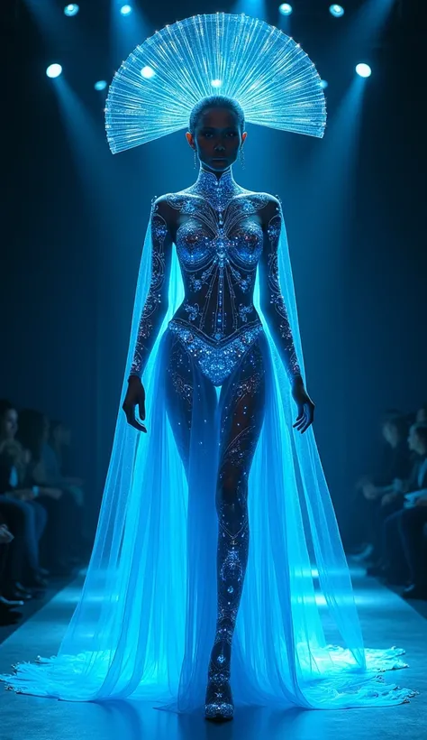 Create an image of a futuristic, ethereal figure on a runway. The figure should be wearing an elaborate, glowing blue outfit that resembles a blend of high fashion and otherworldly design. The outfit should include intricate details, such as a large, fan-l...