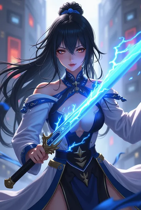 genshin impact character, woman, cute, serious expression, dark hair, sword user, electro vision