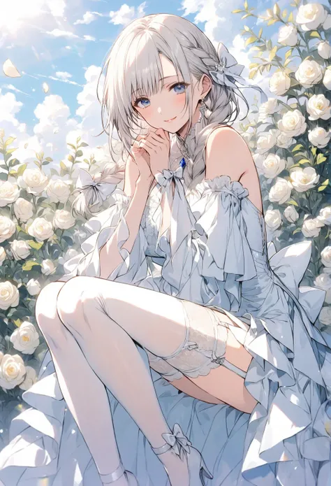 solo, girl, ((mature woman), motherly warmth, happy expression, soft warm look, looking at the viewer, white hair, long braid, bangs, blue eyes, Bare shoulders, white long dress, frills, wide sleeves, detached sleeves Thigh highs, white thigh highs, garter...