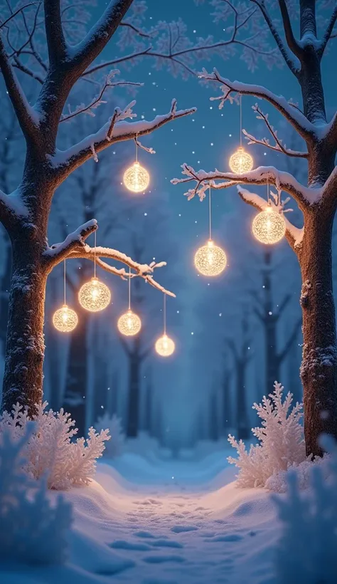 Delicate snowflake-shaped lanterns glowing with soft golden light, hanging from frosted tree branches under a midnight-blue sky sprinkled with stars.
