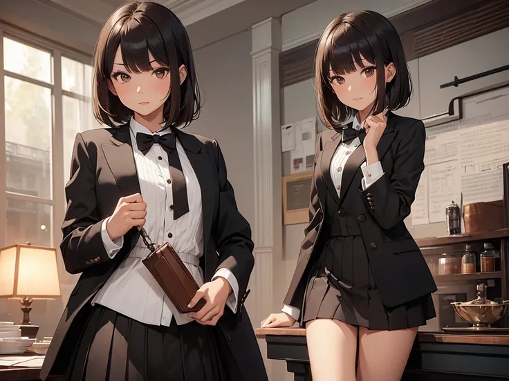 ((best quality)), ((masterpiece)), (detailed), 1girl, asian young woman, short bangs, brown hair, brown asian eyes, feminine, bowtie, black tuxedo jacket, black dress skirt, short white socks, fancy black shoe, aplogetic look, relieve expression