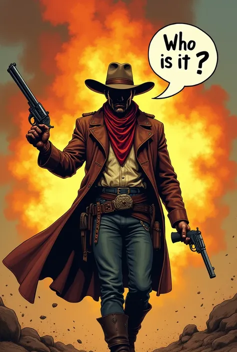 Outlaw Billy the , a cowboy and a gunslinger in the American frontier. Holding two guns, with cowboy hat with explosion behind him. And the words from him saying in a bubble like a cartoon “Who is it?”