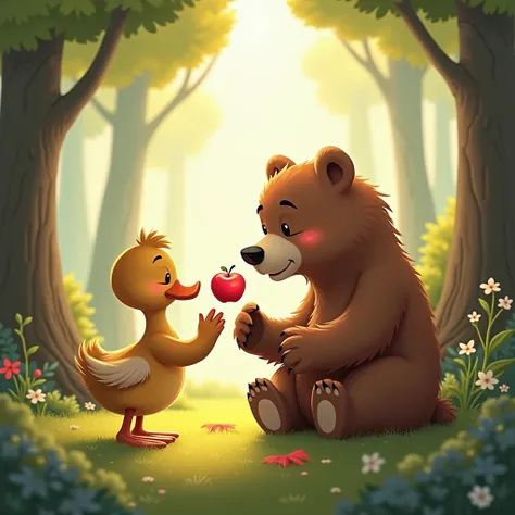 A duck gives an apple to a bear。