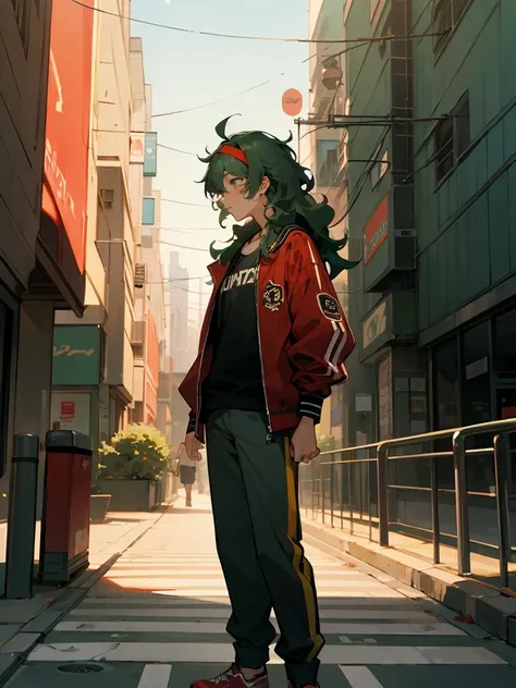 1male , Messy Green Hair , Wavy Hair , Red Headband , Black T-Shirt , Baggy Black, Yellow , And Red Varsity Jacket , Standing On sidewalk , Modern City background , Perfect Generation 