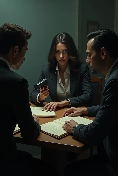 Create image where the point of view of the secret woman agent is shes talking with the boss in the table like a one on one meeting she is holding the folder containing information about the a syndicate and in the other end of the table is the boss holding...