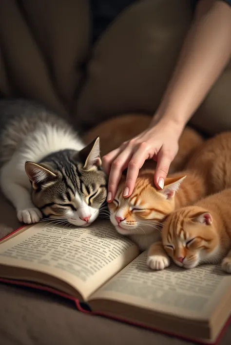 Photo of 3 cats lying down with a book on their side with a womans hand