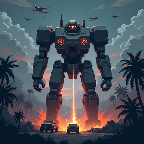  Create an epic scene of a giant futuristic war robot with gray and black armor in a night jungle with orange glow effects on the war robot where you can see planes and off-road war vehicles in an epic pixel art style with many details where the scene look...