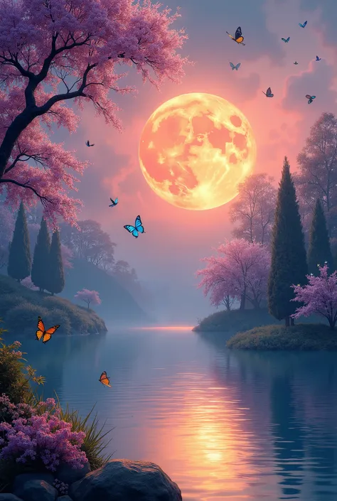  A blue lake of sparkling turbid water ,  in the water the moon reflecting large and full of orange color ,  the sky with few clouds has shades of pink mist and the background contrasts with the waters of the lake ,  around it has leafy trees with vines in...